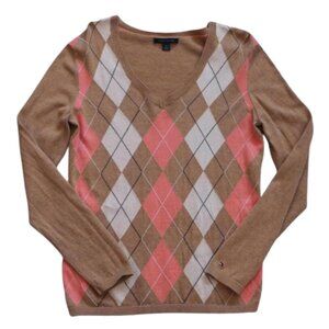 Tommy Hilfiger Argyle V-Neck Sweater Medium Tan Pink Preppy Y2K 100% Cotton